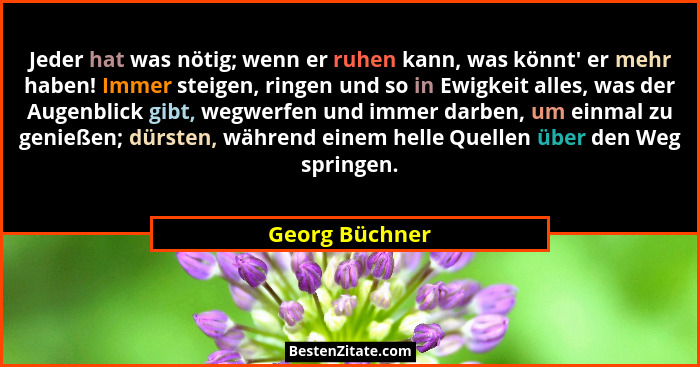 Jeder hat was nötig; wenn er ruhen kann, was könnt' er mehr haben! Immer steigen, ringen und so in Ewigkeit alles, was der Augenbl... - Georg Büchner