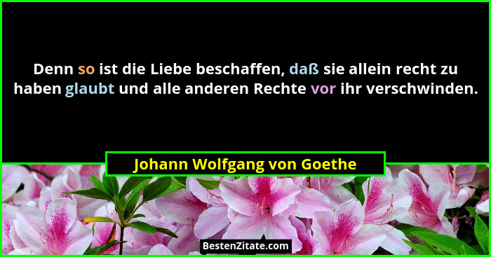Denn so ist die Liebe beschaffen, daß sie allein recht zu haben glaubt und alle anderen Rechte vor ihr verschwinden.... - Johann Wolfgang von Goethe