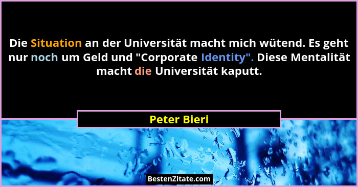 Die Situation an der Universität macht mich wütend. Es geht nur noch um Geld und "Corporate Identity". Diese Mentalität macht di... - Peter Bieri
