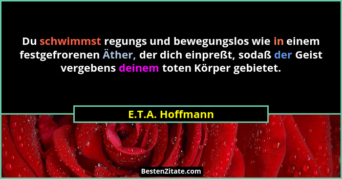 Du schwimmst regungs und bewegungslos wie in einem festgefrorenen Äther, der dich einpreßt, sodaß der Geist vergebens deinem toten K... - E.T.A. Hoffmann