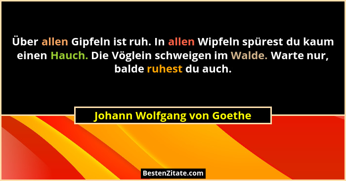 Über allen Gipfeln ist ruh. In allen Wipfeln spürest du kaum einen Hauch. Die Vöglein schweigen im Walde. Warte nur, bald... - Johann Wolfgang von Goethe