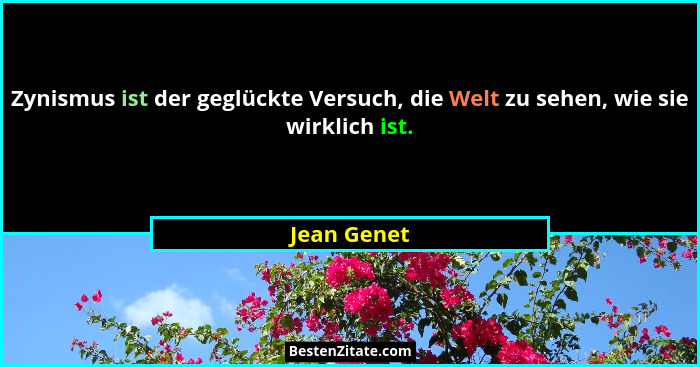 Zynismus ist der geglückte Versuch, die Welt zu sehen, wie sie wirklich ist.... - Jean Genet
