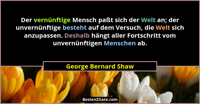Der vernünftige Mensch paßt sich der Welt an; der unvernünftige besteht auf dem Versuch, die Welt sich anzupassen. Deshalb hängt... - George Bernard Shaw