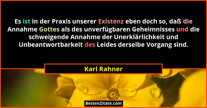 Es ist in der Praxis unserer Existenz eben doch so, daß die Annahme Gottes als des unverfügbaren Geheimnisses und die schweigende Annahm... - Karl Rahner
