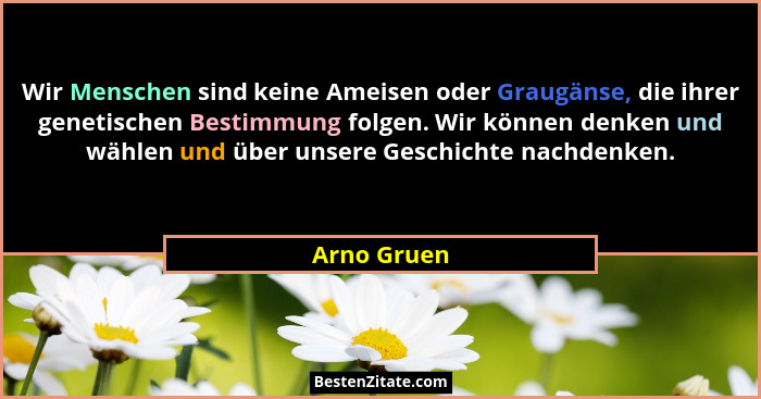 Wir Menschen sind keine Ameisen oder Graugänse, die ihrer genetischen Bestimmung folgen. Wir können denken und wählen und über unsere Ges... - Arno Gruen