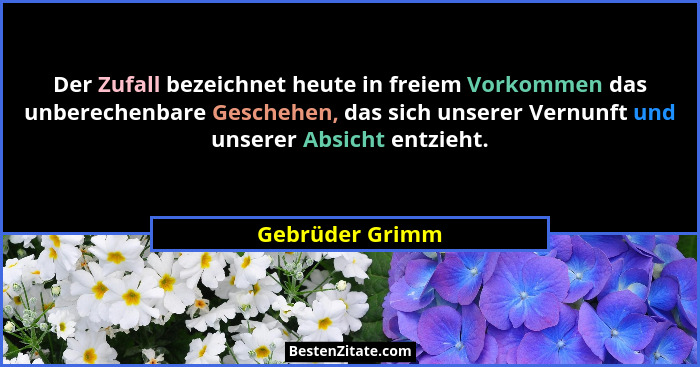 Der Zufall bezeichnet heute in freiem Vorkommen das unberechenbare Geschehen, das sich unserer Vernunft und unserer Absicht entzieht.... - Gebrüder Grimm