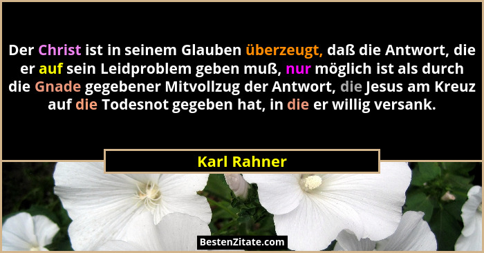 Der Christ ist in seinem Glauben überzeugt, daß die Antwort, die er auf sein Leidproblem geben muß, nur möglich ist als durch die Gnade... - Karl Rahner