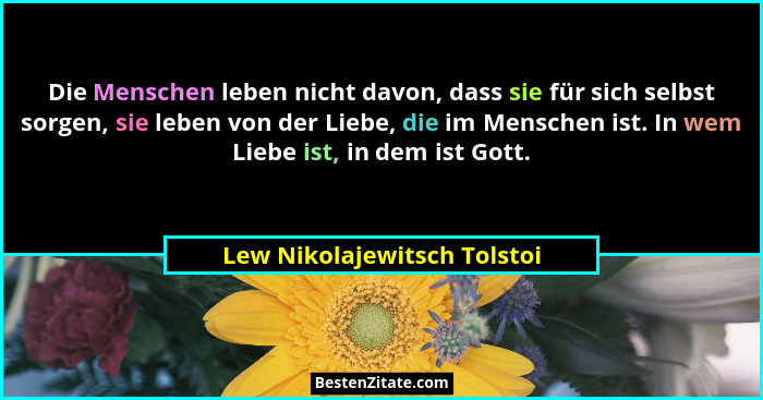 Die Menschen leben nicht davon, dass sie für sich selbst sorgen, sie leben von der Liebe, die im Menschen ist. In wem Lie... - Lew Nikolajewitsch Tolstoi