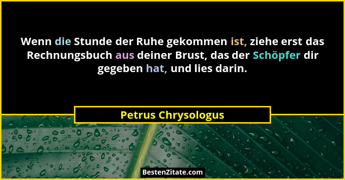 Wenn die Stunde der Ruhe gekommen ist, ziehe erst das Rechnungsbuch aus deiner Brust, das der Schöpfer dir gegeben hat, und lies... - Petrus Chrysologus