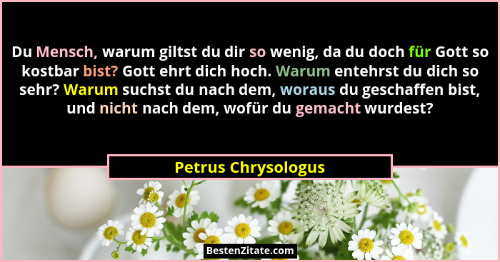 Du Mensch, warum giltst du dir so wenig, da du doch für Gott so kostbar bist? Gott ehrt dich hoch. Warum entehrst du dich so sehr... - Petrus Chrysologus