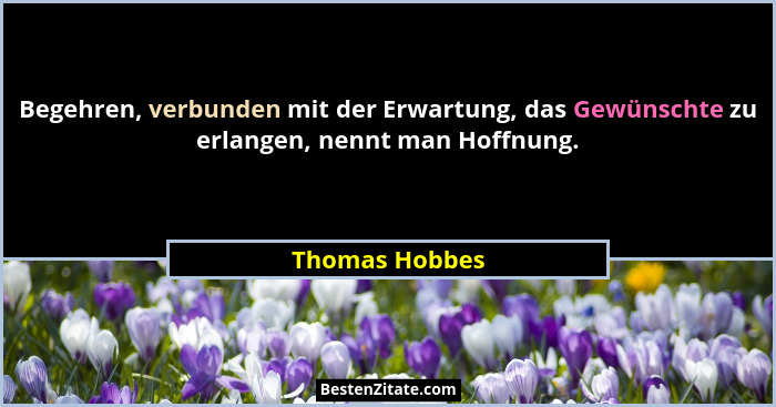 Begehren, verbunden mit der Erwartung, das Gewünschte zu erlangen, nennt man Hoffnung.... - Thomas Hobbes