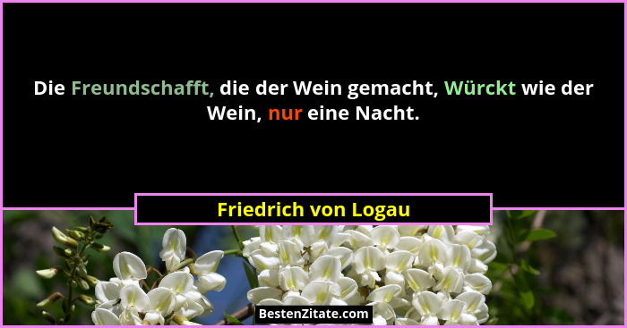 Die Freundschafft, die der Wein gemacht, Würckt wie der Wein, nur eine Nacht.... - Friedrich von Logau