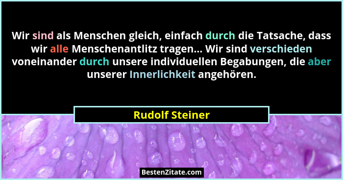 Wir sind als Menschen gleich, einfach durch die Tatsache, dass wir alle Menschenantlitz tragen... Wir sind verschieden voneinander du... - Rudolf Steiner