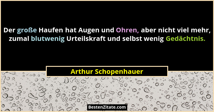Der große Haufen hat Augen und Ohren, aber nicht viel mehr, zumal blutwenig Urteilskraft und selbst wenig Gedächtnis.... - Arthur Schopenhauer