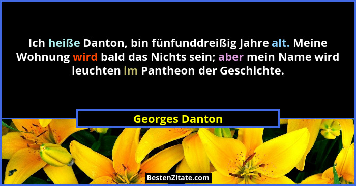 Ich heiße Danton, bin fünfunddreißig Jahre alt. Meine Wohnung wird bald das Nichts sein; aber mein Name wird leuchten im Pantheon der... - Georges Danton