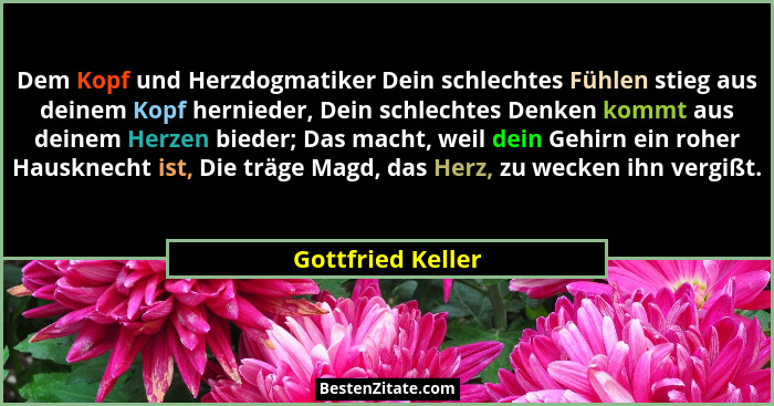 Dem Kopf und Herzdogmatiker Dein schlechtes Fühlen stieg aus deinem Kopf hernieder, Dein schlechtes Denken kommt aus deinem Herzen... - Gottfried Keller
