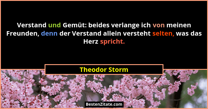 Verstand und Gemüt: beides verlange ich von meinen Freunden, denn der Verstand allein versteht selten, was das Herz spricht.... - Theodor Storm
