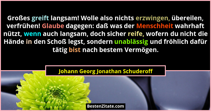 Großes greift langsam! Wolle also nichts erzwingen, übereilen, verfrühen! Glaube dagegen: daß was der Menschheit wa... - Johann Georg Jonathan Schuderoff
