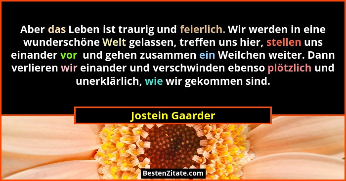 Aber das Leben ist traurig und feierlich. Wir werden in eine wunderschöne Welt gelassen, treffen uns hier, stellen uns einander vor... - Jostein Gaarder