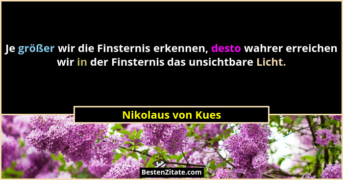 Je größer wir die Finsternis erkennen, desto wahrer erreichen wir in der Finsternis das unsichtbare Licht.... - Nikolaus von Kues