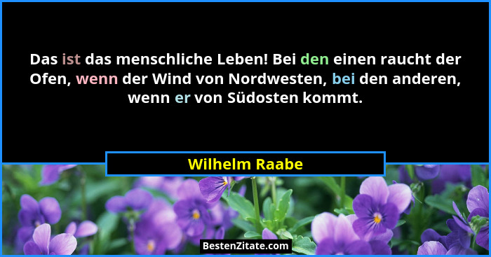 Das ist das menschliche Leben! Bei den einen raucht der Ofen, wenn der Wind von Nordwesten, bei den anderen, wenn er von Südosten komm... - Wilhelm Raabe