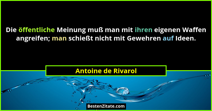 Die öffentliche Meinung muß man mit ihren eigenen Waffen angreifen; man schießt nicht mit Gewehren auf Ideen.... - Antoine de Rivarol