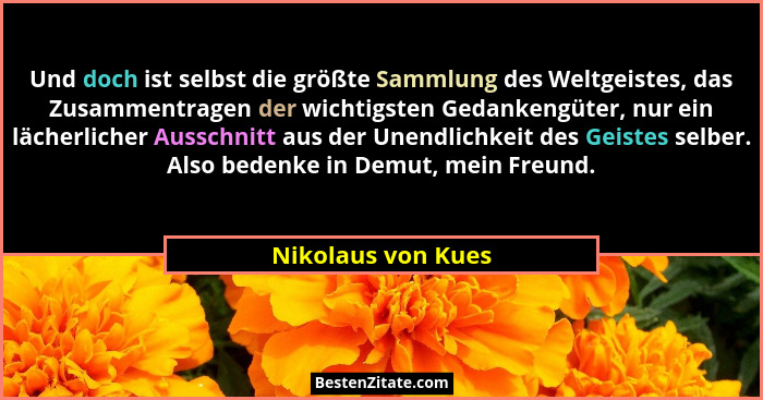 Und doch ist selbst die größte Sammlung des Weltgeistes, das Zusammentragen der wichtigsten Gedankengüter, nur ein lächerlicher Au... - Nikolaus von Kues