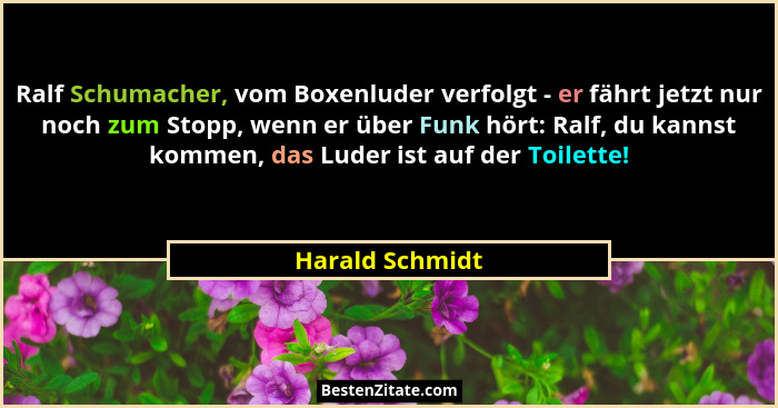 Ralf Schumacher, vom Boxenluder verfolgt - er fährt jetzt nur noch zum Stopp, wenn er über Funk hört: Ralf, du kannst kommen, das Lud... - Harald Schmidt