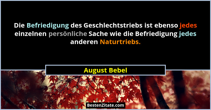 Die Befriedigung des Geschlechtstriebs ist ebenso jedes einzelnen persönliche Sache wie die Befriedigung jedes anderen Naturtriebs.... - August Bebel