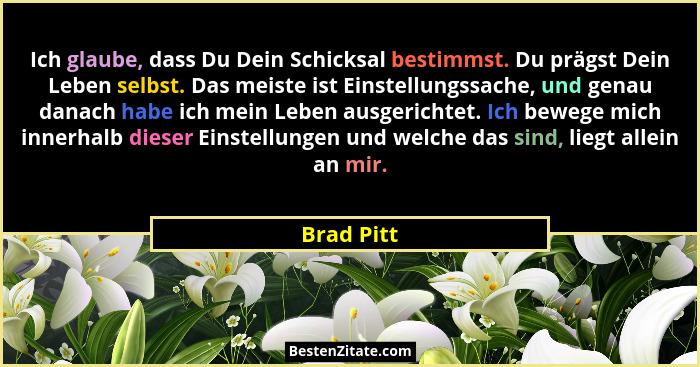 Ich glaube, dass Du Dein Schicksal bestimmst. Du prägst Dein Leben selbst. Das meiste ist Einstellungssache, und genau danach habe ich mei... - Brad Pitt