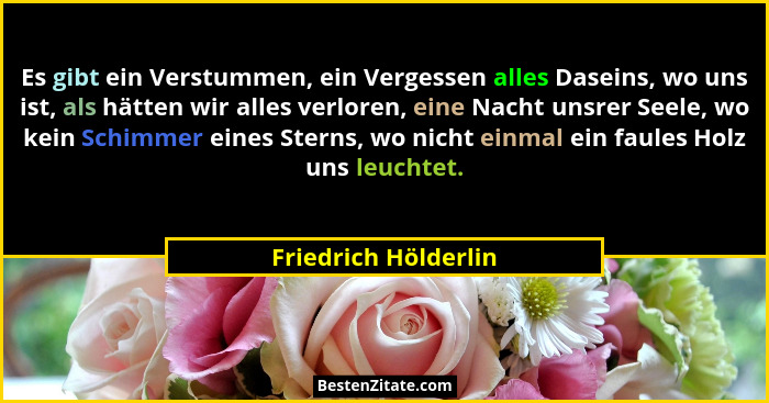Es gibt ein Verstummen, ein Vergessen alles Daseins, wo uns ist, als hätten wir alles verloren, eine Nacht unsrer Seele, wo kein... - Friedrich Hölderlin