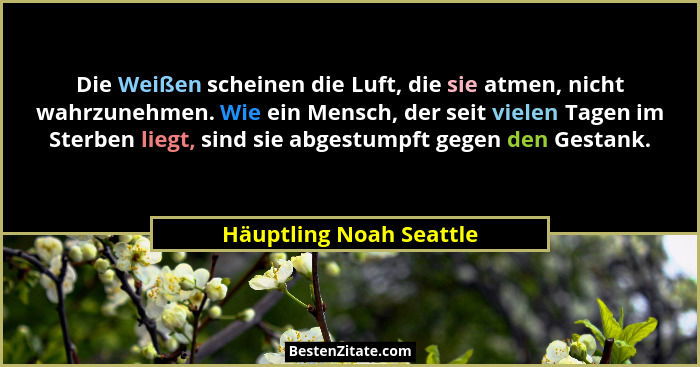 Die Weißen scheinen die Luft, die sie atmen, nicht wahrzunehmen. Wie ein Mensch, der seit vielen Tagen im Sterben liegt, sind... - Häuptling Noah Seattle