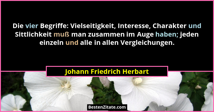 Die vier Begriffe: Vielseitigkeit, Interesse, Charakter und Sittlichkeit muß man zusammen im Auge haben; jeden einzeln und... - Johann Friedrich Herbart