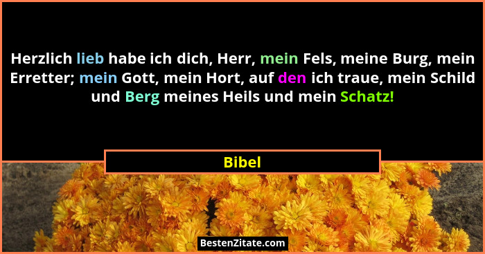 Herzlich lieb habe ich dich, Herr, mein Fels, meine Burg, mein Erretter; mein Gott, mein Hort, auf den ich traue, mein Schild und Berg meines... - Bibel