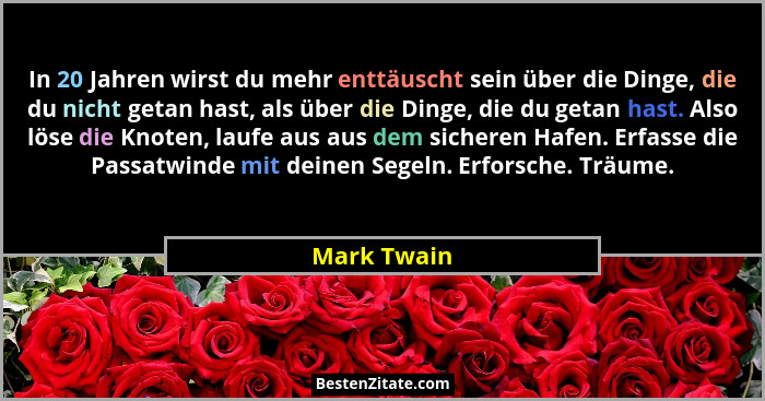 In 20 Jahren wirst du mehr enttäuscht sein über die Dinge, die du nicht getan hast, als über die Dinge, die du getan hast. Also löse die... - Mark Twain