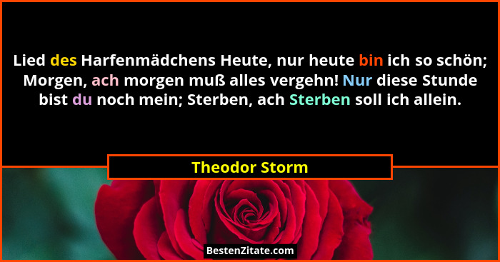 Lied des Harfenmädchens Heute, nur heute bin ich so schön; Morgen, ach morgen muß alles vergehn! Nur diese Stunde bist du noch mein; S... - Theodor Storm