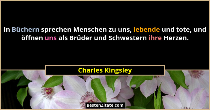 In Büchern sprechen Menschen zu uns, lebende und tote, und öffnen uns als Brüder und Schwestern ihre Herzen.... - Charles Kingsley