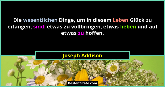 Die wesentlichen Dinge, um in diesem Leben Glück zu erlangen, sind: etwas zu vollbringen, etwas lieben und auf etwas zu hoffen.... - Joseph Addison