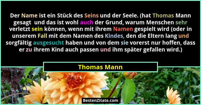 Der Name ist ein Stück des Seins und der Seele. (hat Thomas Mann gesagt  und das ist wohl auch der Grund, warum Menschen sehr verletzt s... - Thomas Mann
