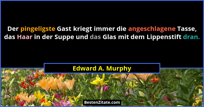 Der pingeligste Gast kriegt immer die angeschlagene Tasse, das Haar in der Suppe und das Glas mit dem Lippenstift dran.... - Edward A. Murphy