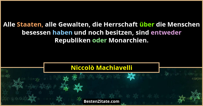 Alle Staaten, alle Gewalten, die Herrschaft über die Menschen besessen haben und noch besitzen, sind entweder Republiken oder Mo... - Niccolò Machiavelli