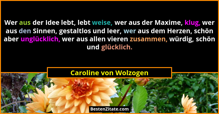 Wer aus der Idee lebt, lebt weise, wer aus der Maxime, klug, wer aus den Sinnen, gestaltlos und leer, wer aus dem Herzen, schö... - Caroline von Wolzogen