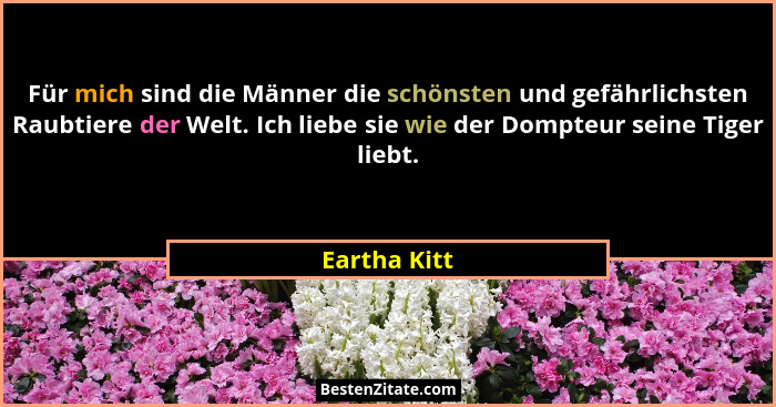 Für mich sind die Männer die schönsten und gefährlichsten Raubtiere der Welt. Ich liebe sie wie der Dompteur seine Tiger liebt.... - Eartha Kitt