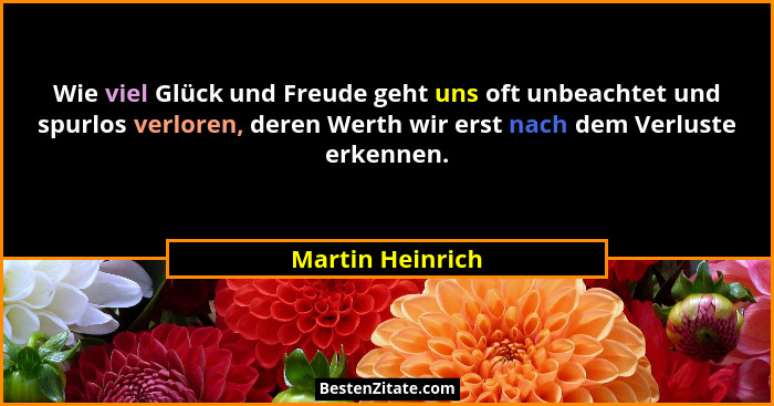 Wie viel Glück und Freude geht uns oft unbeachtet und spurlos verloren, deren Werth wir erst nach dem Verluste erkennen.... - Martin Heinrich