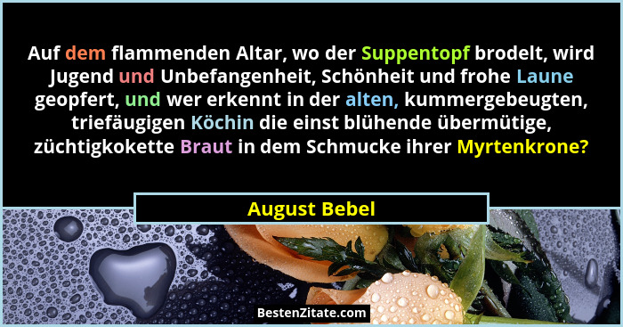 Auf dem flammenden Altar, wo der Suppentopf brodelt, wird Jugend und Unbefangenheit, Schönheit und frohe Laune geopfert, und wer erkenn... - August Bebel
