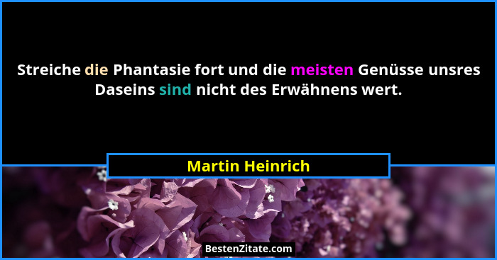 Streiche die Phantasie fort und die meisten Genüsse unsres Daseins sind nicht des Erwähnens wert.... - Martin Heinrich