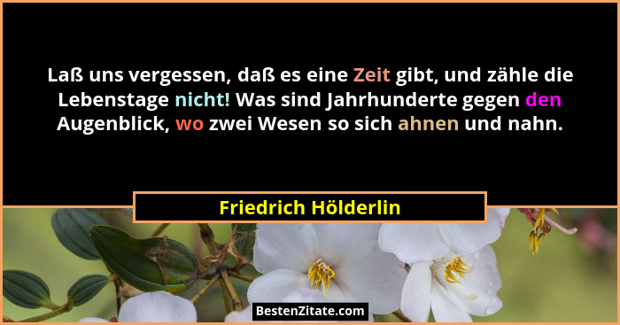 Laß uns vergessen, daß es eine Zeit gibt, und zähle die Lebenstage nicht! Was sind Jahrhunderte gegen den Augenblick, wo zwei We... - Friedrich Hölderlin