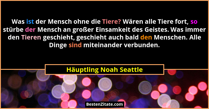 Was ist der Mensch ohne die Tiere? Wären alle Tiere fort, so stürbe der Mensch an großer Einsamkeit des Geistes. Was immer de... - Häuptling Noah Seattle