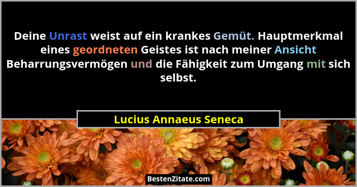 Deine Unrast weist auf ein krankes Gemüt. Hauptmerkmal eines geordneten Geistes ist nach meiner Ansicht Beharrungsvermögen und... - Lucius Annaeus Seneca