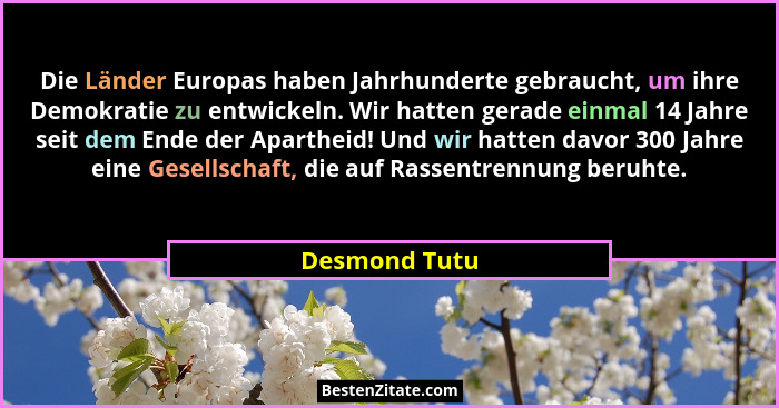 Die Länder Europas haben Jahrhunderte gebraucht, um ihre Demokratie zu entwickeln. Wir hatten gerade einmal 14 Jahre seit dem Ende der... - Desmond Tutu